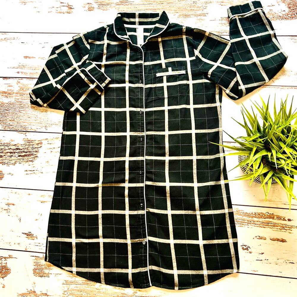 Stars Above Black White Plaid Flannel Sleep Dress Nightshirt Size M
